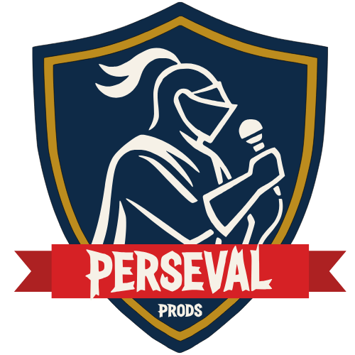 Escudo de Perseval Prods: caballero con micrófono